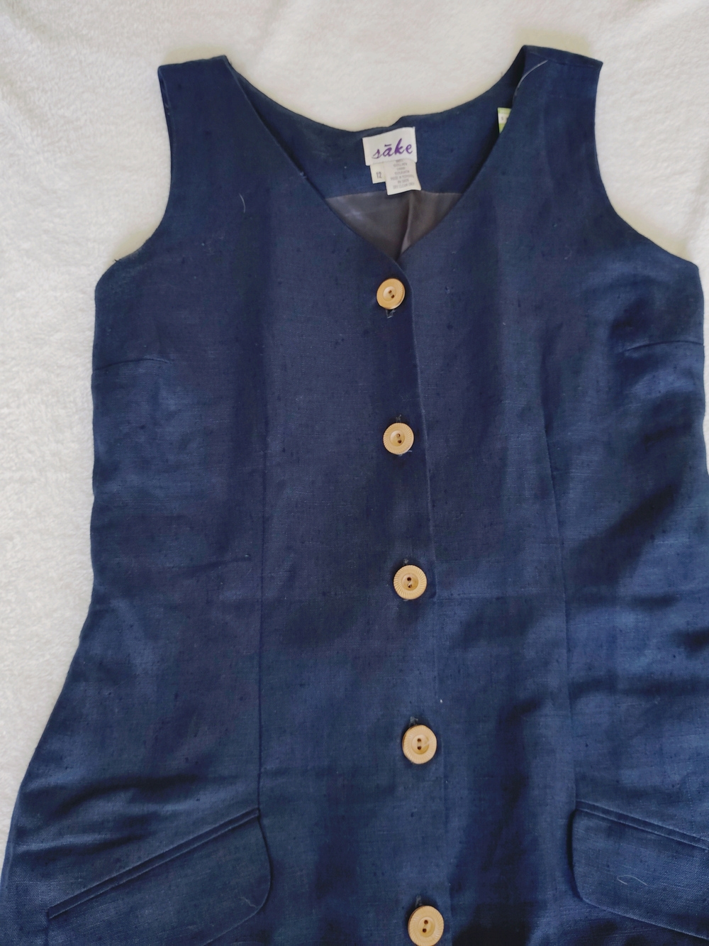 Vintage Dress 90s NY Sake Dark Blue Linen Button, Long Size 12